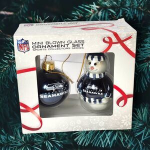 Seattle Seahawks NFL Mini Blown Glass Ornament Set Snowman & Ball by Topperscot